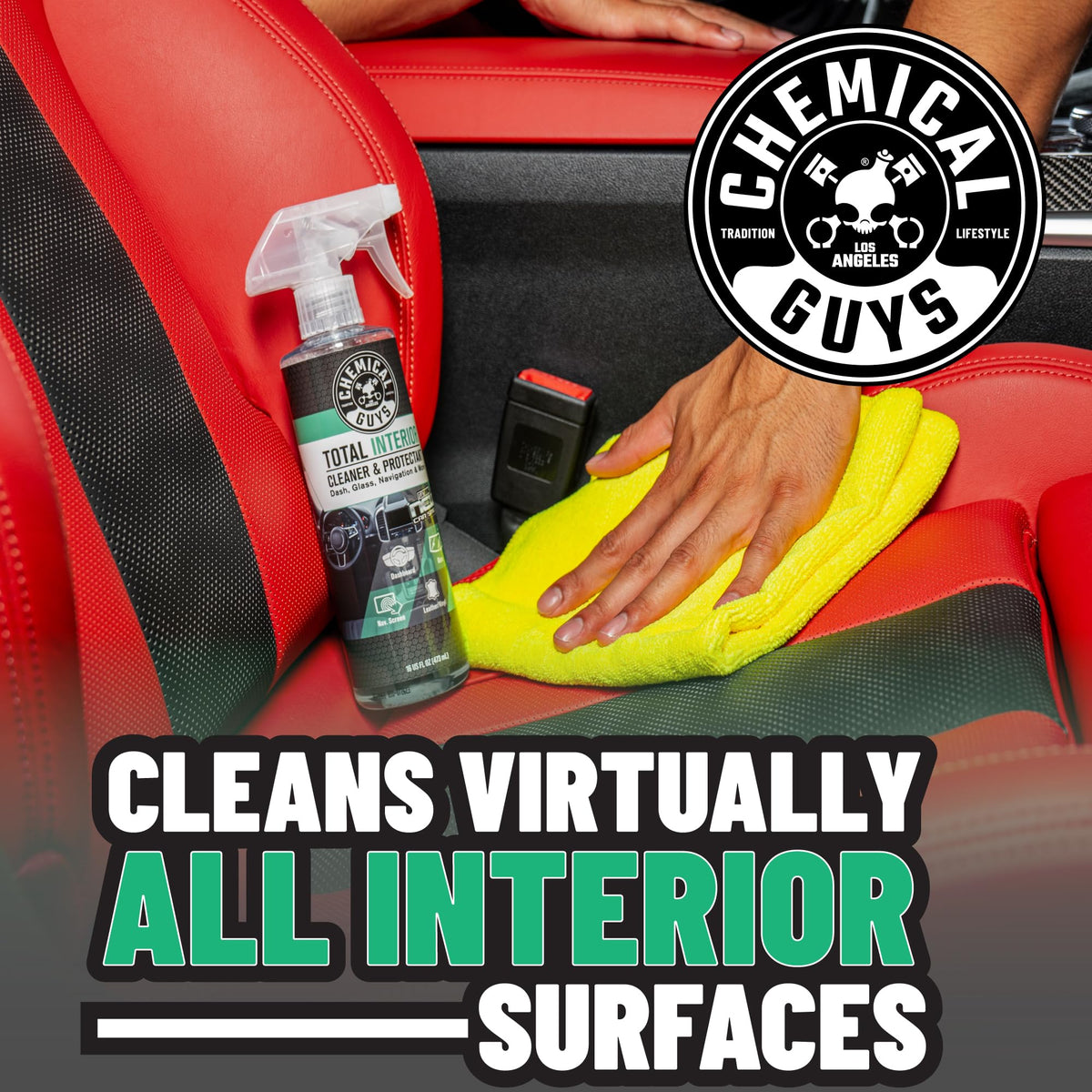 Chemical Guys bottle in car cabin lifestyle scene showing fresh new‑car scent