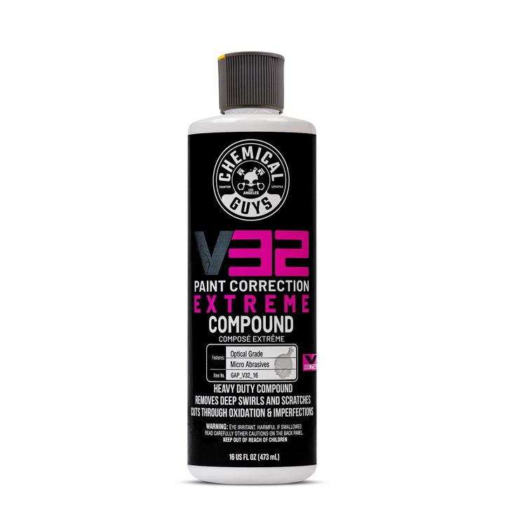 Chemical Guys V32 front bottle showing label and heavy-cut compound benefits
