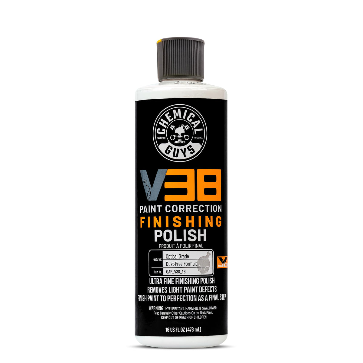 Chemical Guys V38 bottle front label showing product and clear-coat benefit