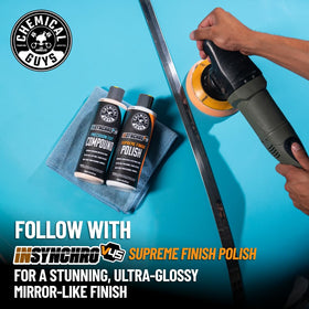 Chemical Guys V43 used with a rotary polisher showing faster defect removal