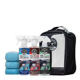 Chemical Guys kit front packaging showing organized bottles and towels, easy storage benefit