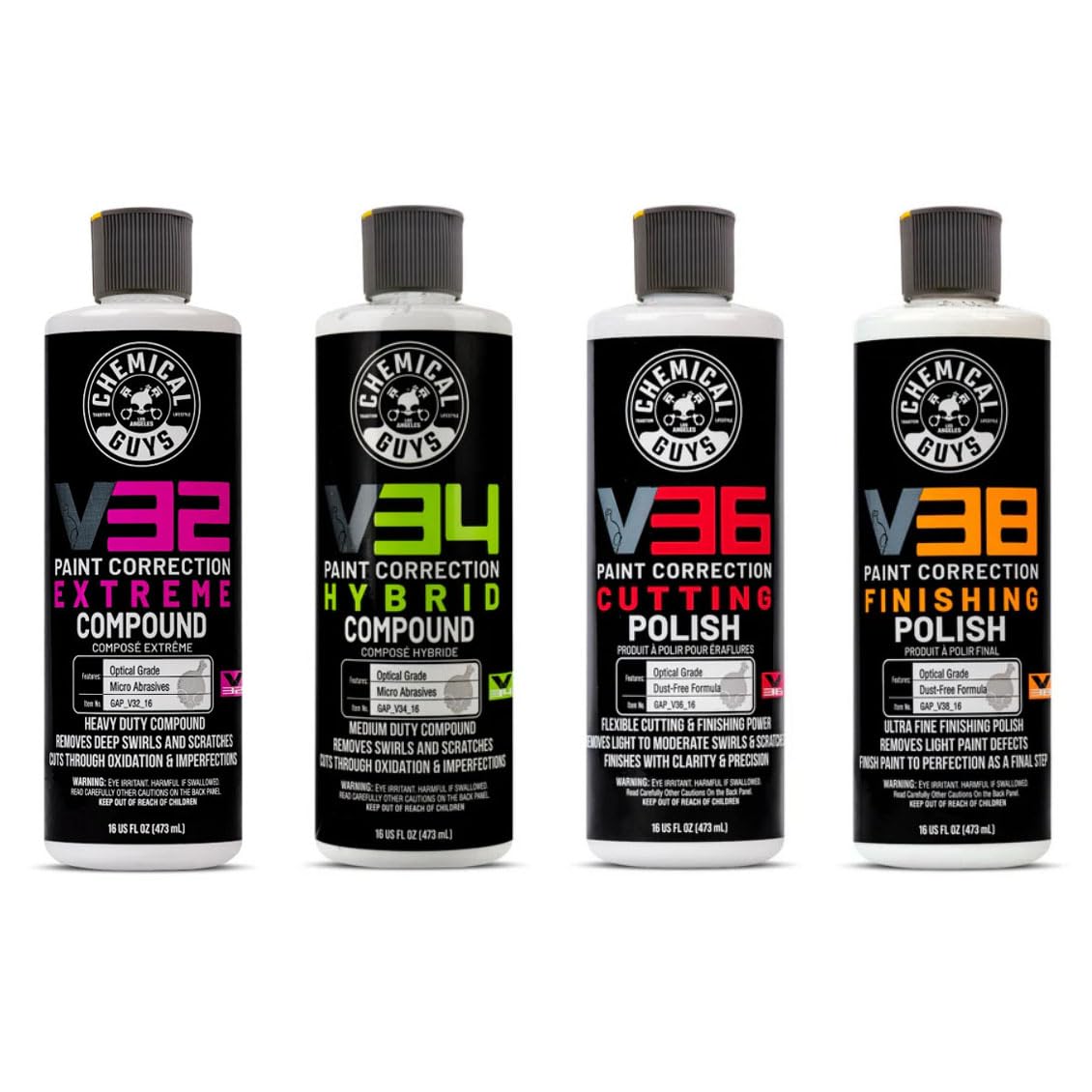 Chemical Guys front packaging showing all four 16 oz bottles and kit layout