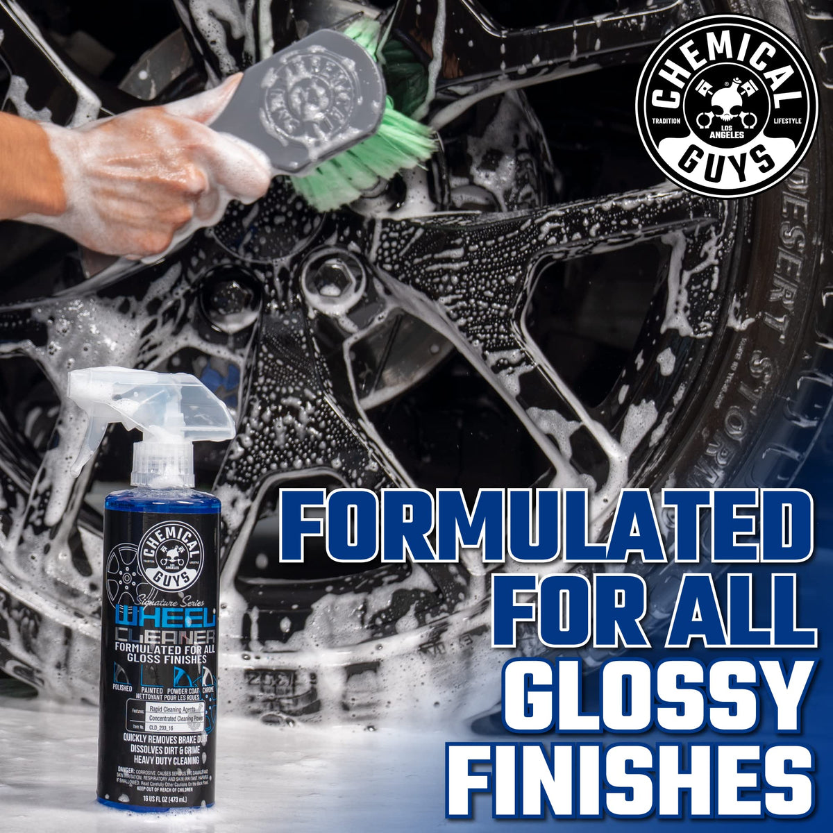 Chemical Guys cleaner sprayed on alloy wheel lifting brake dust for faster cleaning