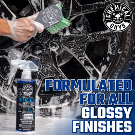 Chemical Guys cleaner sprayed on alloy wheel lifting brake dust for faster cleaning