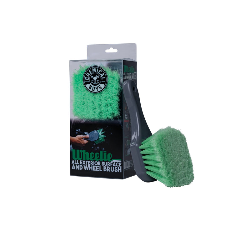 Chemical Guys Wheelie brush front view showing head and handle, for safe wheel cleaning