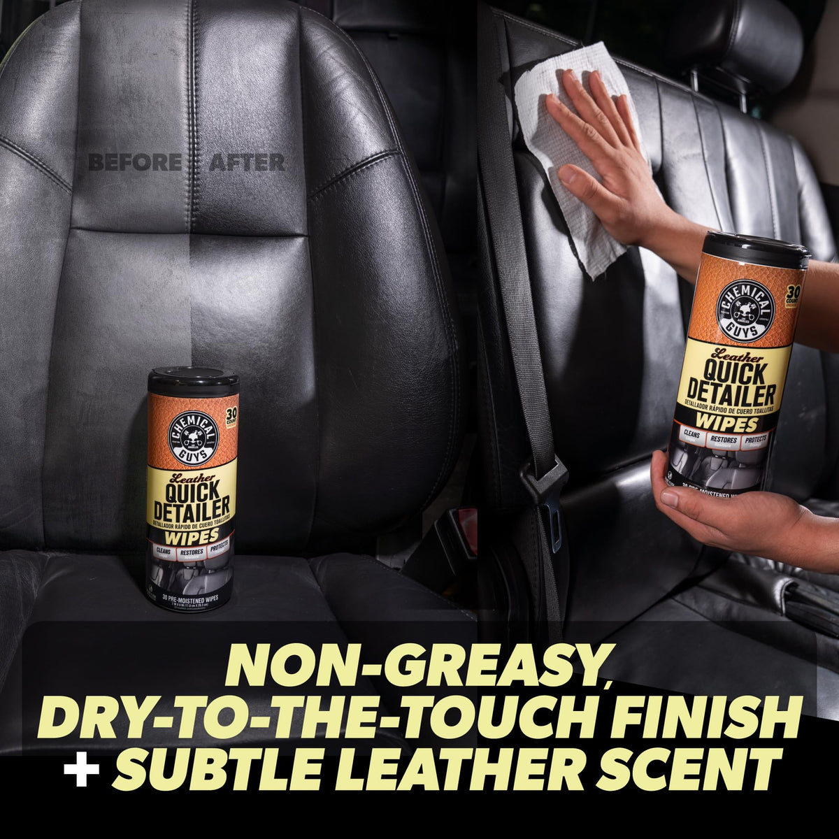 Chemical Guys wipe cleaning leather car seat for quick maintenance benefit