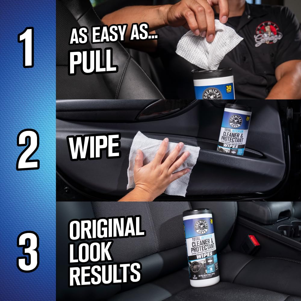 Chemical Guys wipe treating leather seat to condition and reduce dullness