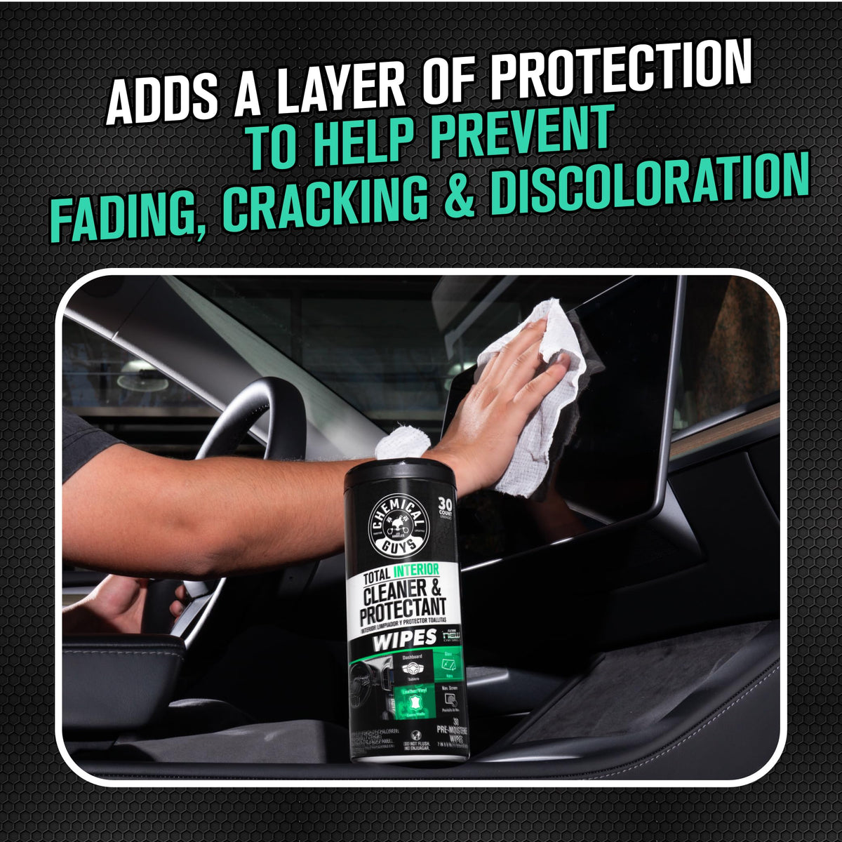Chemical Guys wipes with lid open showing resealable closure to retain moisture