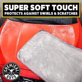 Chemical Guys Woolly Mammoth drying car hood to illustrate streak-free, safe paint drying