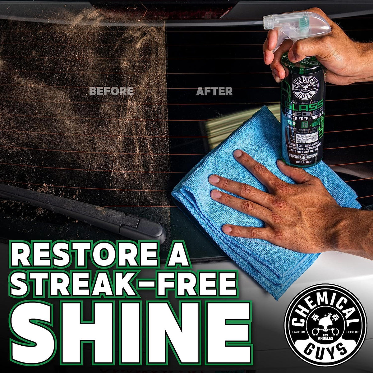 Chemical Guys being wiped with microfiber to demonstrate streak-free buffing benefit