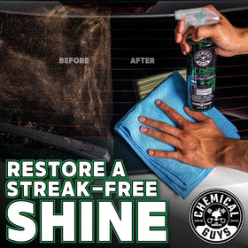 Chemical Guys being wiped with microfiber to demonstrate streak-free buffing benefit