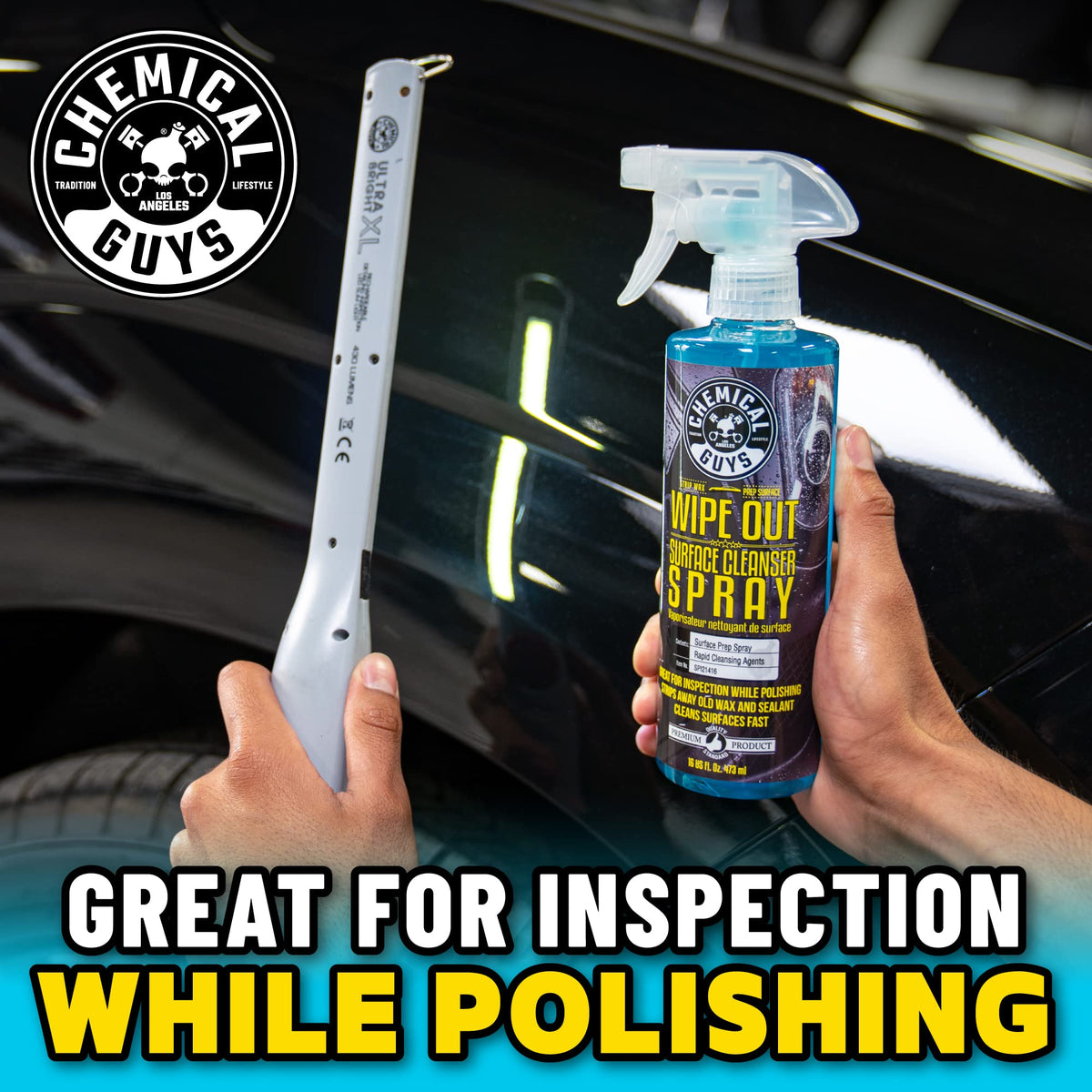 Chemical Guys side label displaying usage details and safe-on-clear-coat benefit
