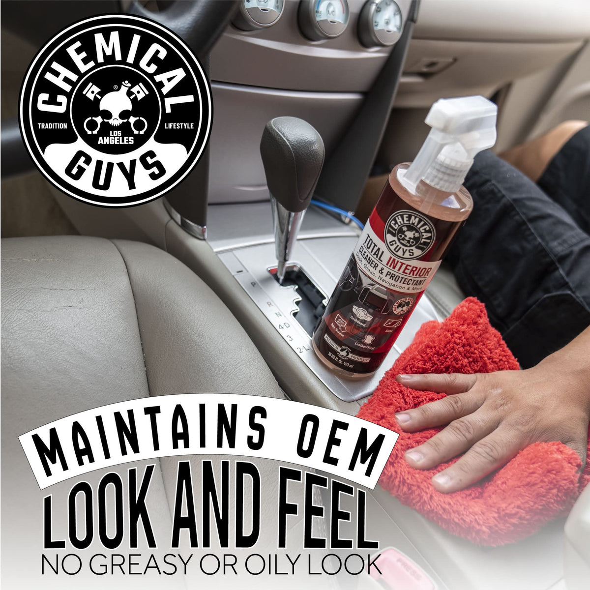 Chemical Guys bottle in hand showing 16 oz scale for storage and portability benefit