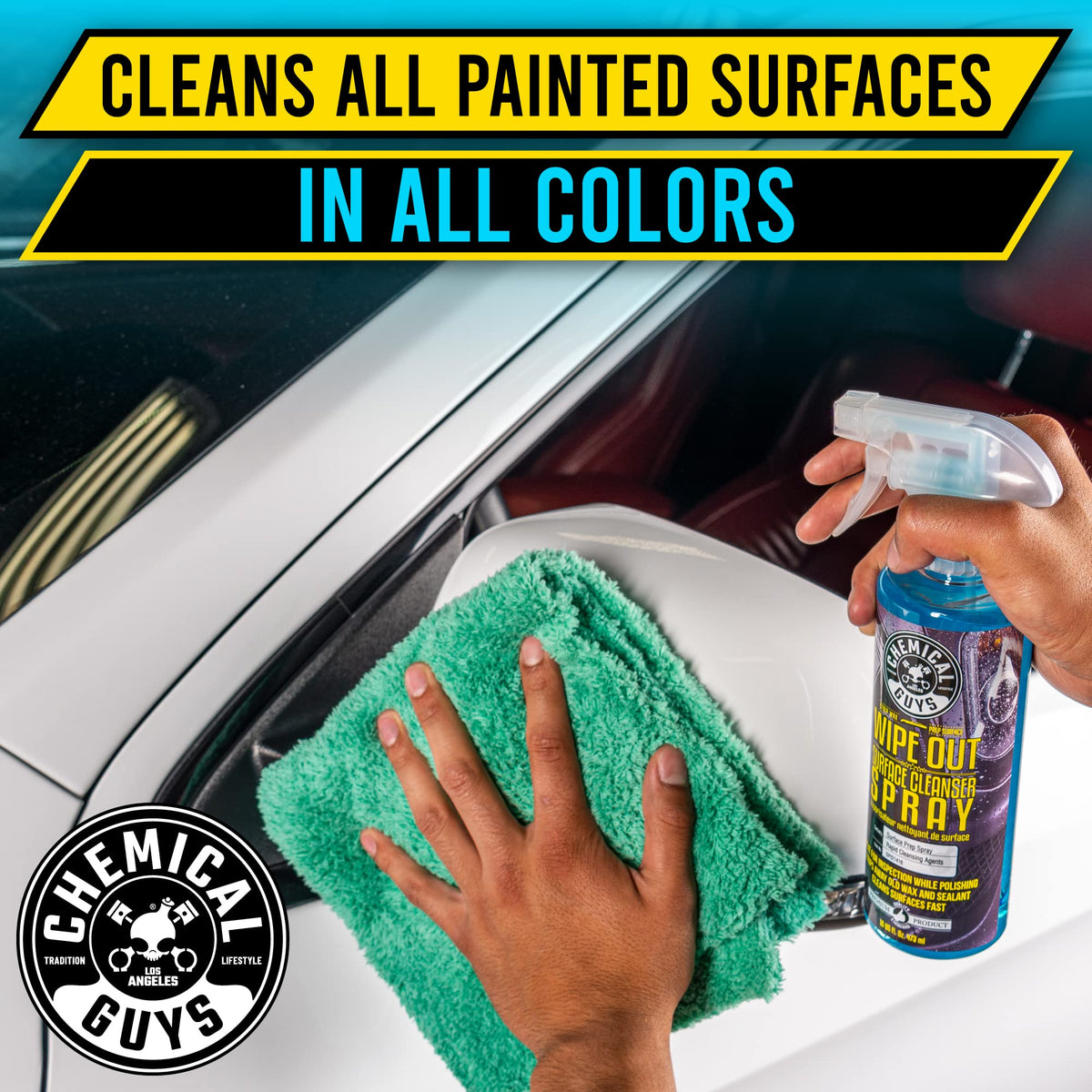 Chemical Guys sprayed onto car panel demonstrating quick residue removal benefit