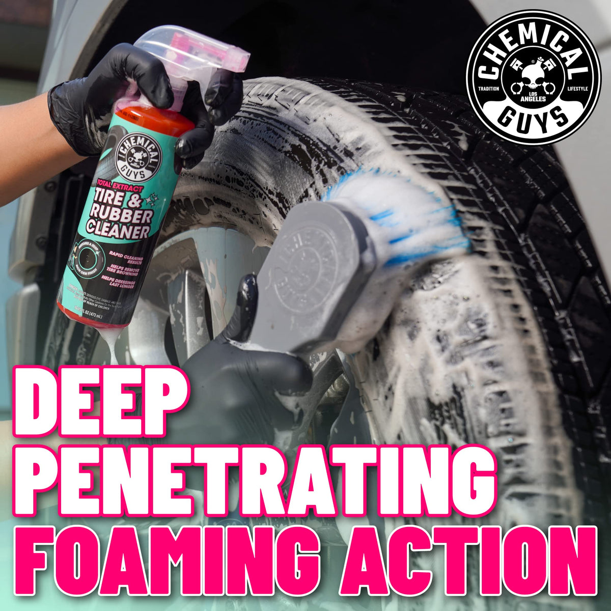 Chemical Guys foam texture on tire, demonstrating degreasing action