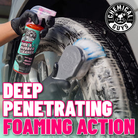 Chemical Guys foam texture on tire, demonstrating degreasing action