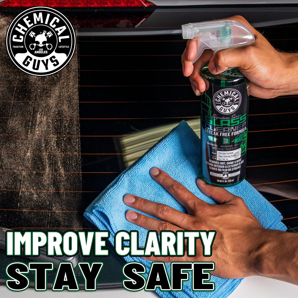 Chemical Guys before and after on tinted window showing streak-free clarity benefit