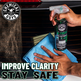 Chemical Guys before and after on tinted window showing streak-free clarity benefit