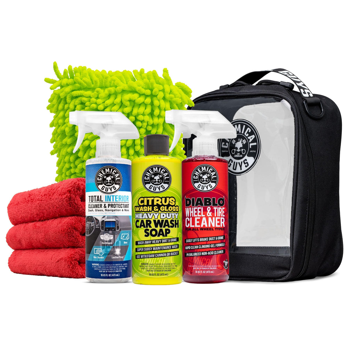 Chemical Guys full kit front packaging showing products and bag for convenient storage