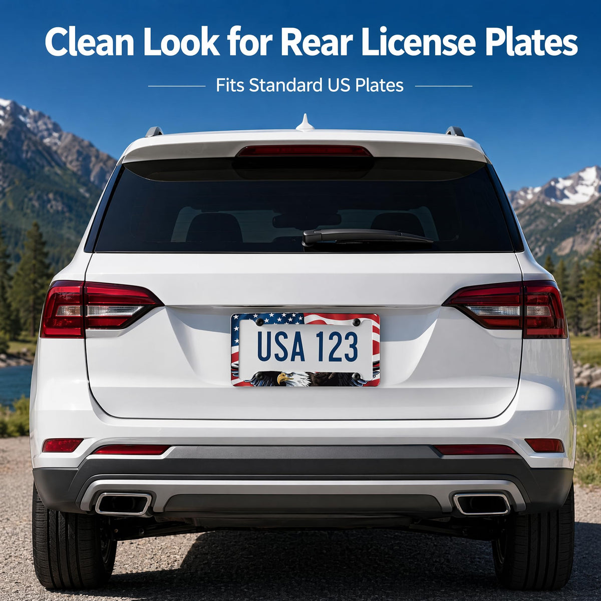 Chroleia framed plate on a driveway-ready car showcasing patriotic curb appeal