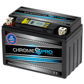 Chrome S Pro front view of YTX9-BS battery showing compact packaging and quick install benefit