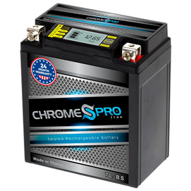 Chrome S Pro front view of YTX7L-BS battery showing compact housing and label, reliable fit