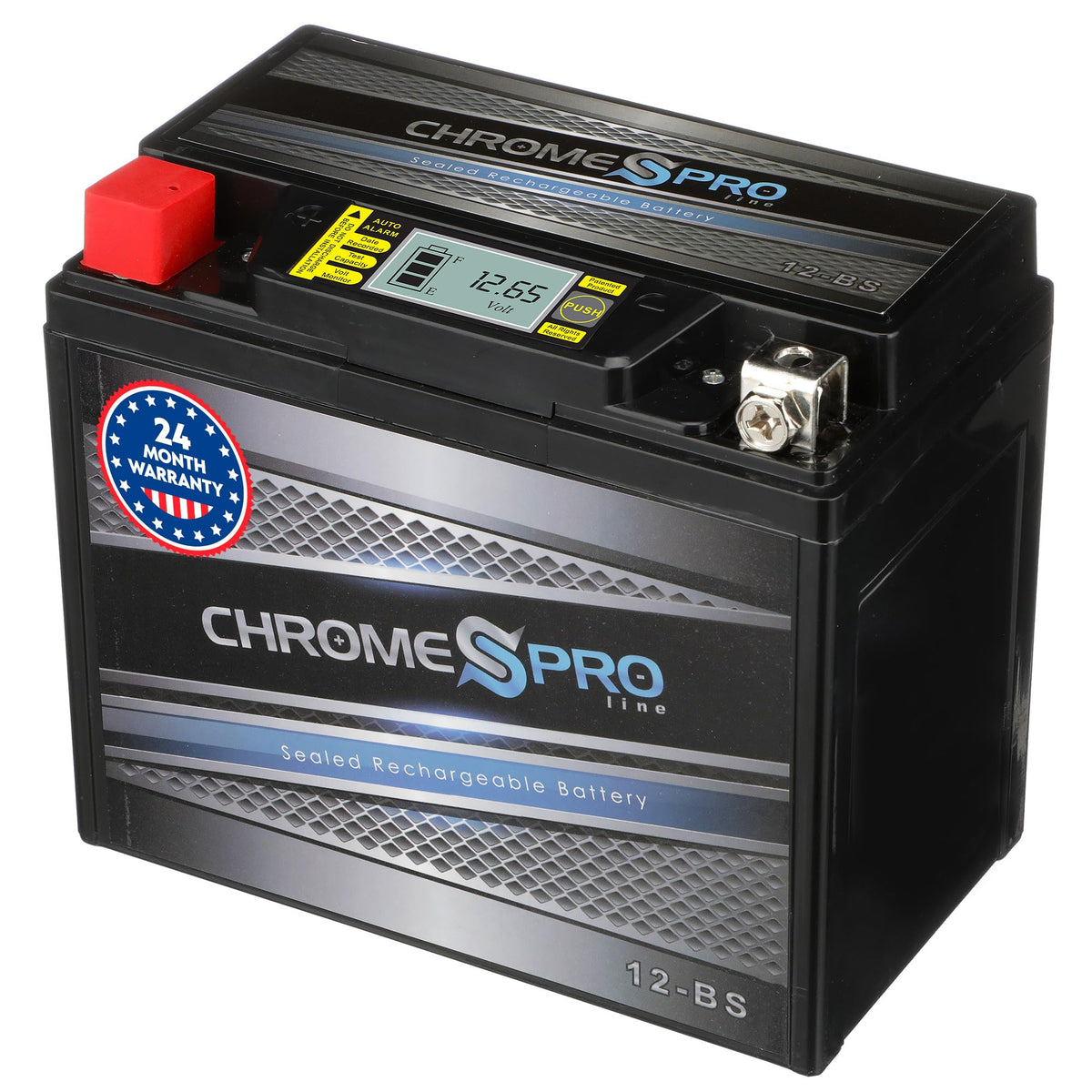 Chrome S Pro front view of YTX12-BS battery showing compact profile and starter power