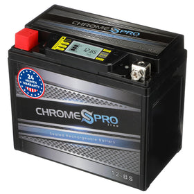 Chrome S Pro front view of YTX12-BS battery showing compact profile and starter power