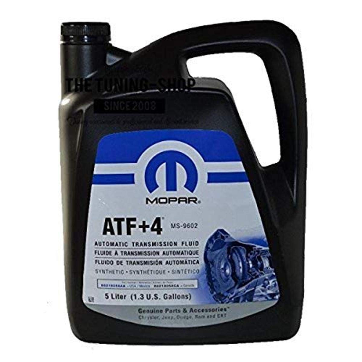Chrysler Mopar ATF+4 front label showing capacity and OEM benefits