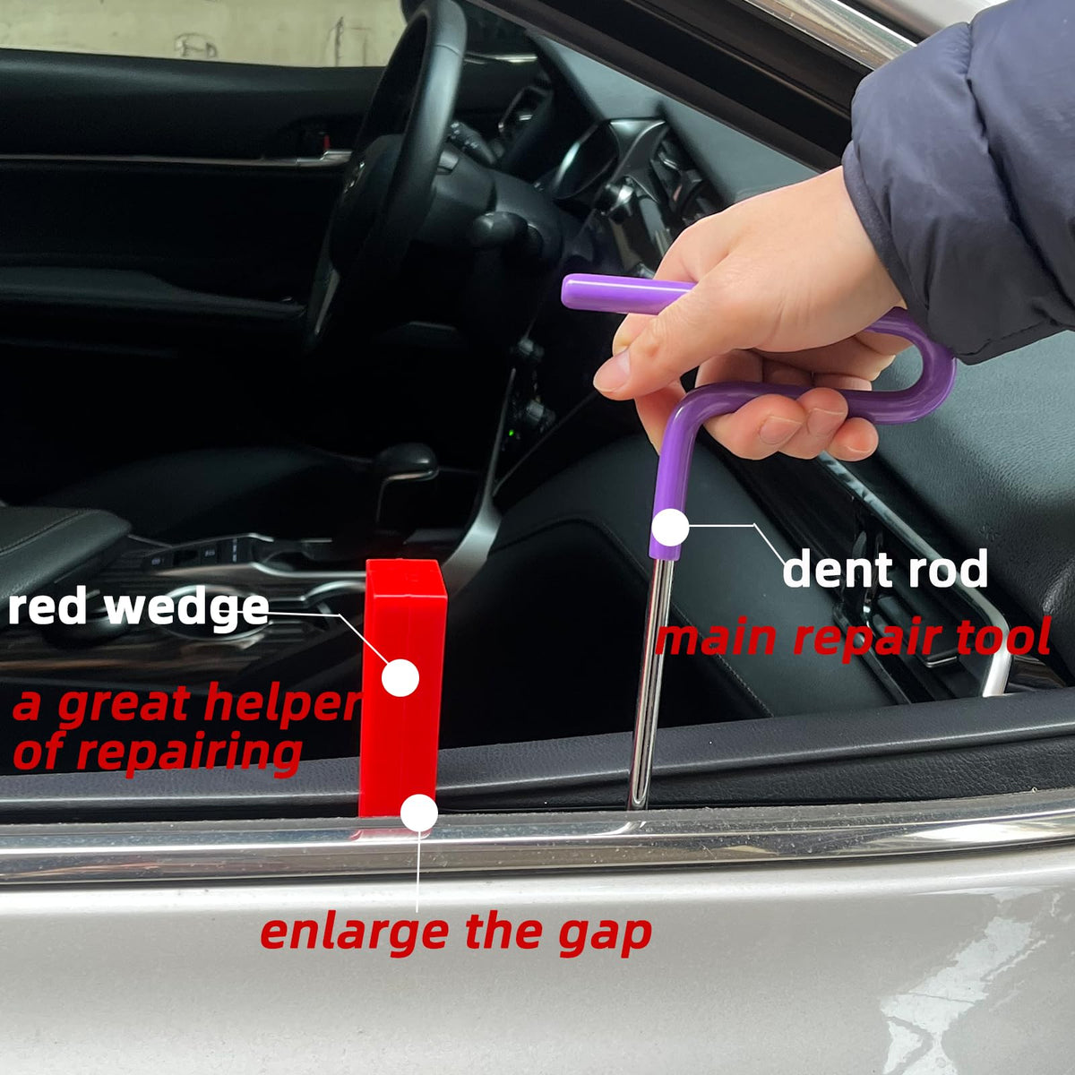 Chymogul long rod reaching deep cavity to remove a dent from behind