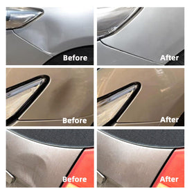 Chymogul technician using rods behind car panel to push out a ding