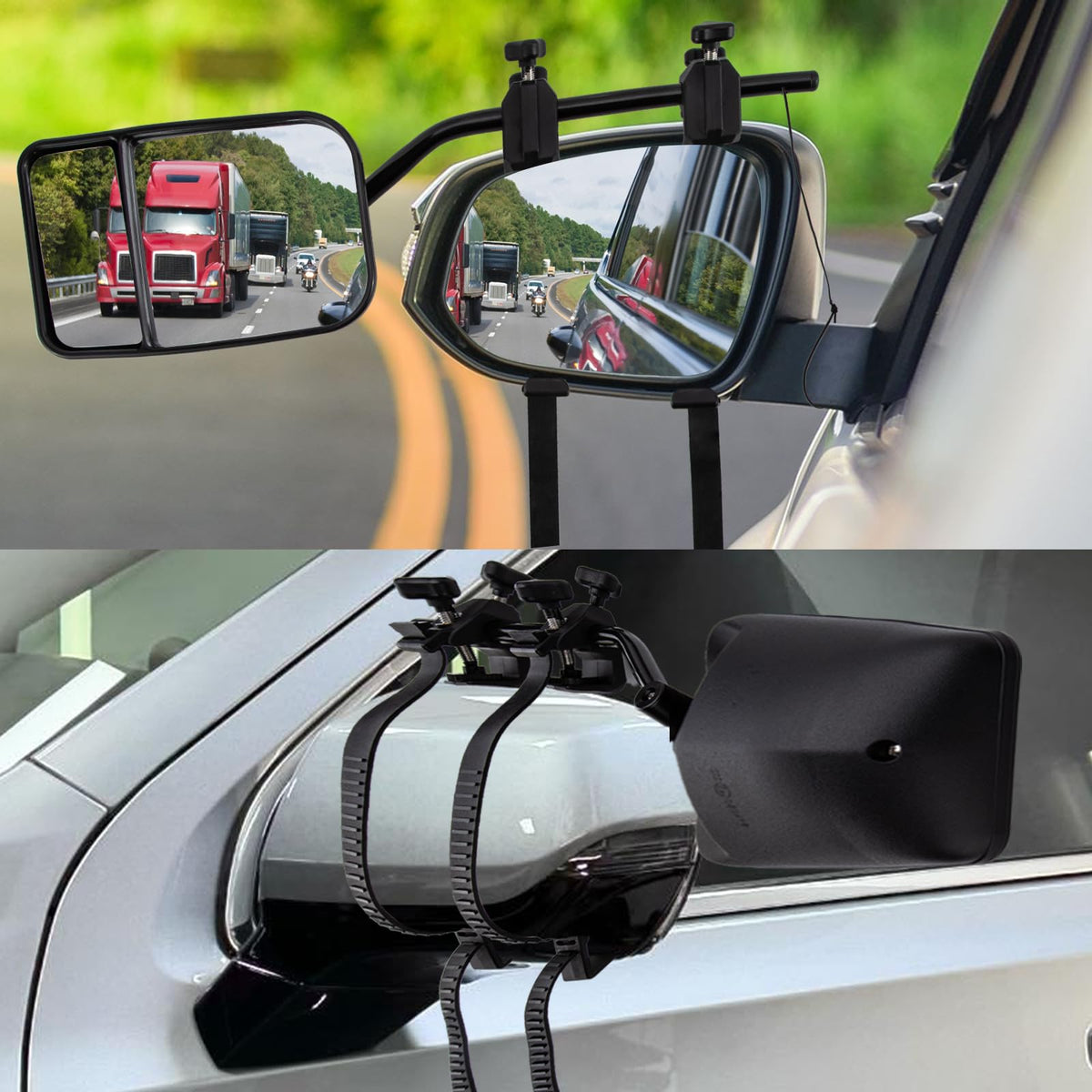 CICMOD side profile mounted on car mirror demonstrating wider field of view for safer towing