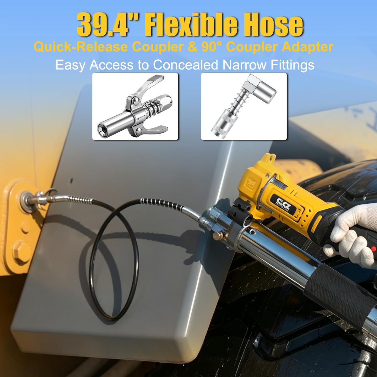 CICZ grease gun with extension pipe and 90° adapter for hard-to-reach fittings