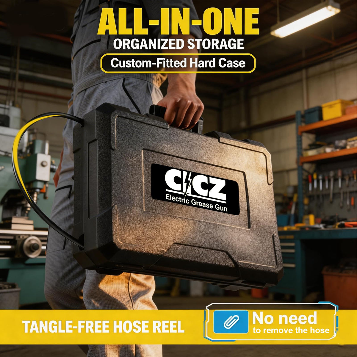 CICZ grease gun built-in hose organizer keeping the 39.4-inch hose tangle-free