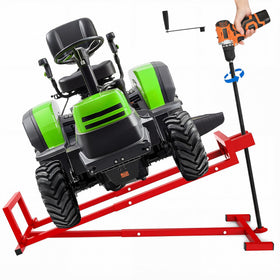 CIDVJ front view of matte red mower lift showing stable stance and quick setup benefit