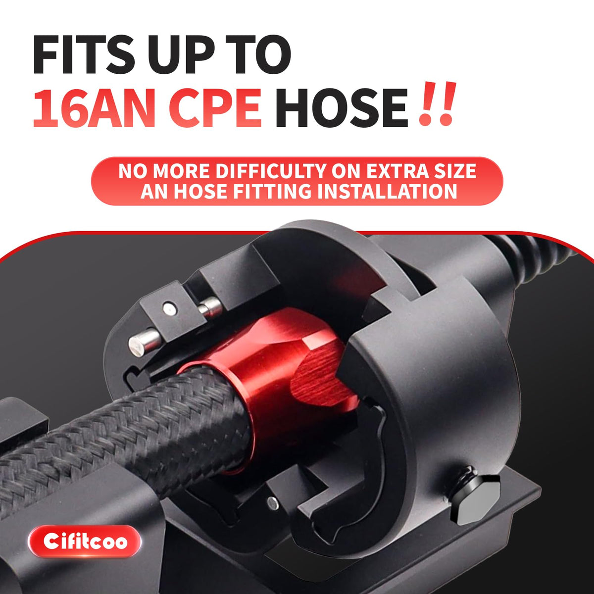 Cifitcoo tool in use compressing an AN hose fitting for fast installation