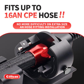 Cifitcoo tool in use compressing an AN hose fitting for fast installation