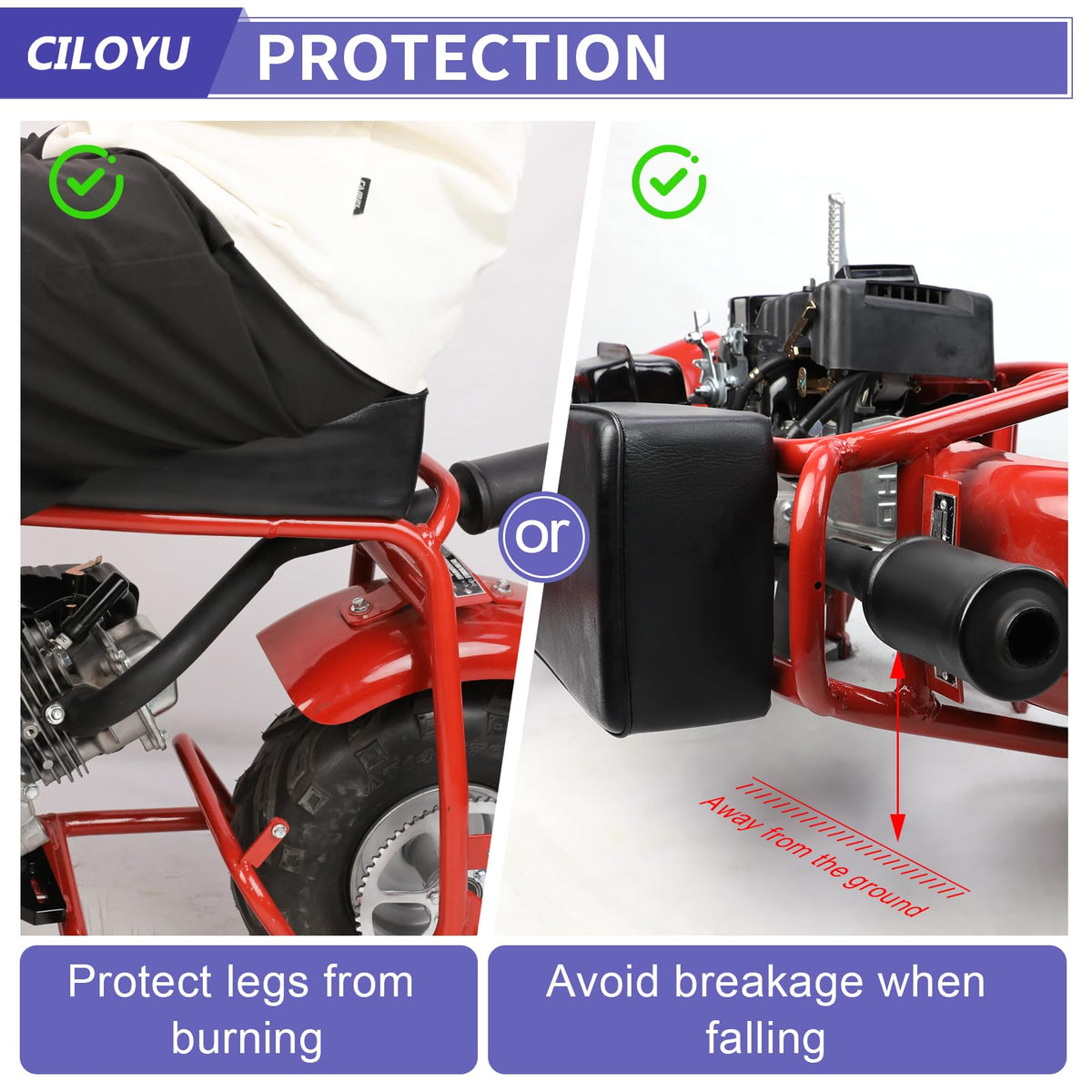 CILOYU angled heat clearance showing rearward bend protecting rider legs