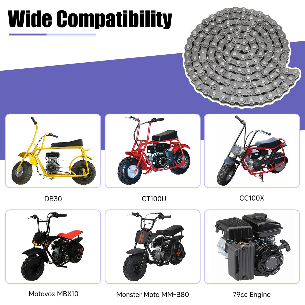 CILOYU chain mounted on mini bike sprocket illustrating proper fit and smooth drive