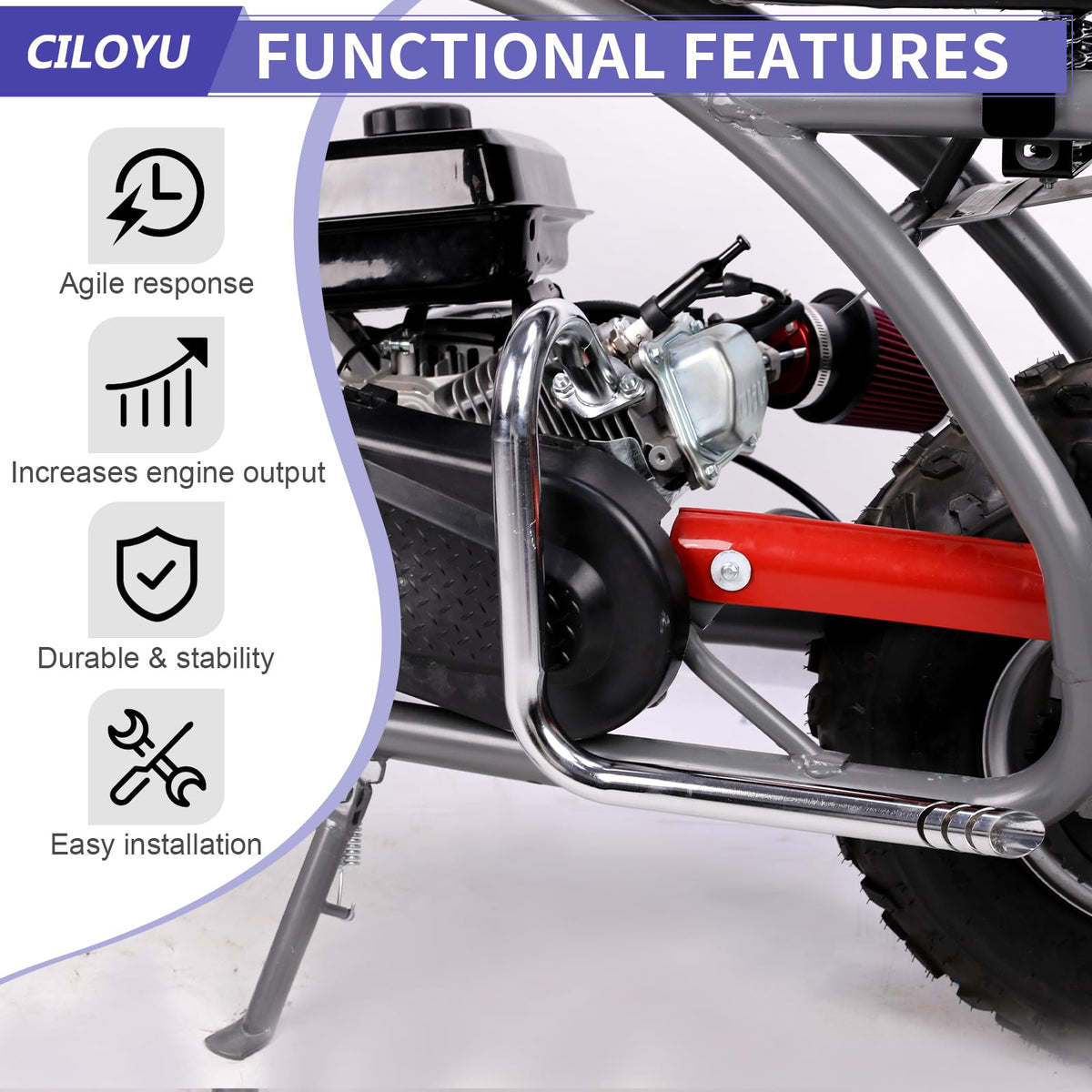 CILOYU exhaust on mini bike in use showing improved sound and safety