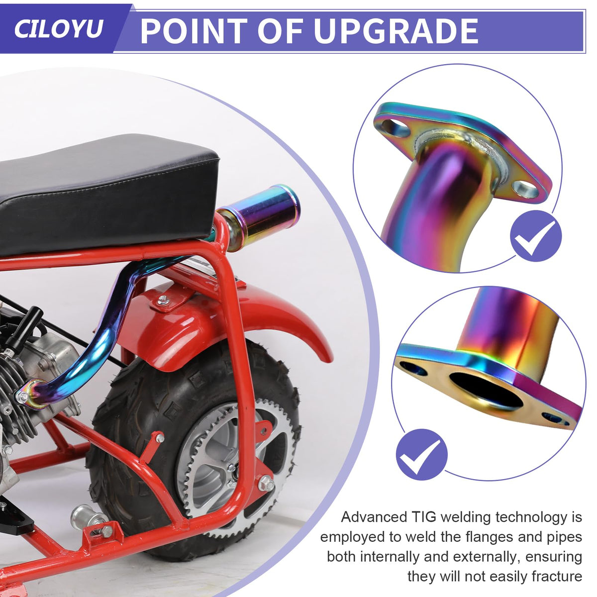 CILOYU header bend illustrating heat routing away from rider legs for safety