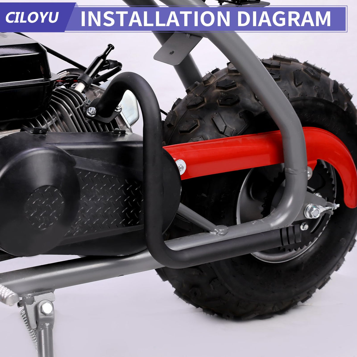 CILOYU exhaust with heat shield installed protecting rider legs