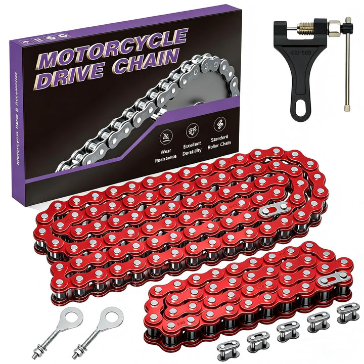 CILOYU red 420 chain front packaging showing kit contents and compatibility benefit