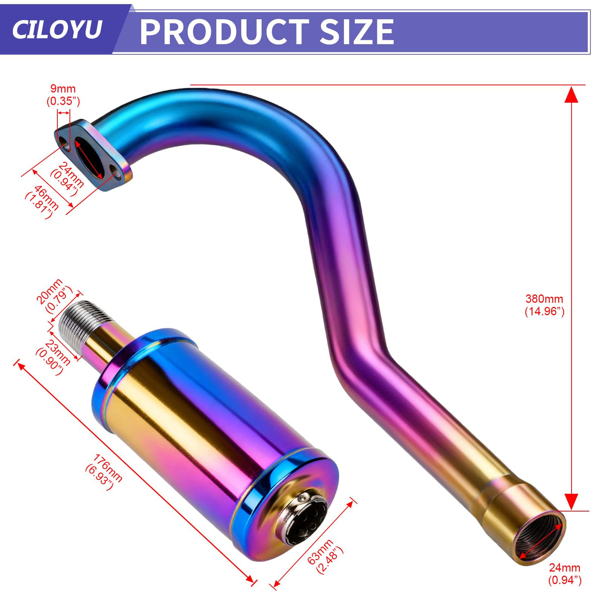 CILOYU exhaust next to ruler showing size and scale for accurate fitting