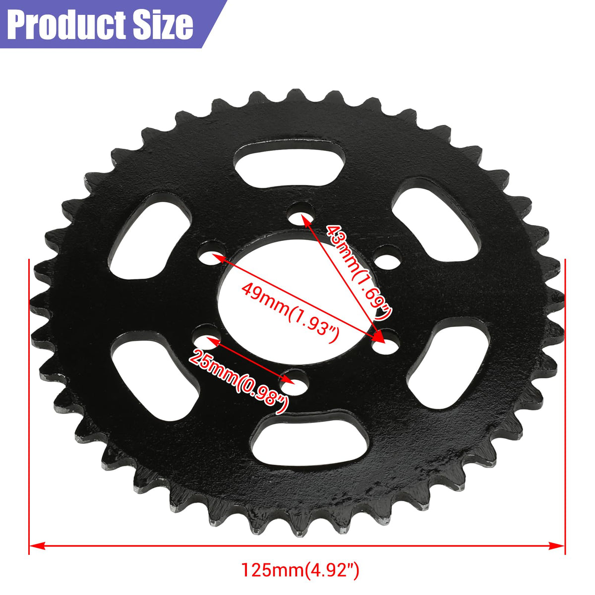 CILOYU sprocket dimension diagram showing 37mm bore and 49mm bolt circle clarity benefit