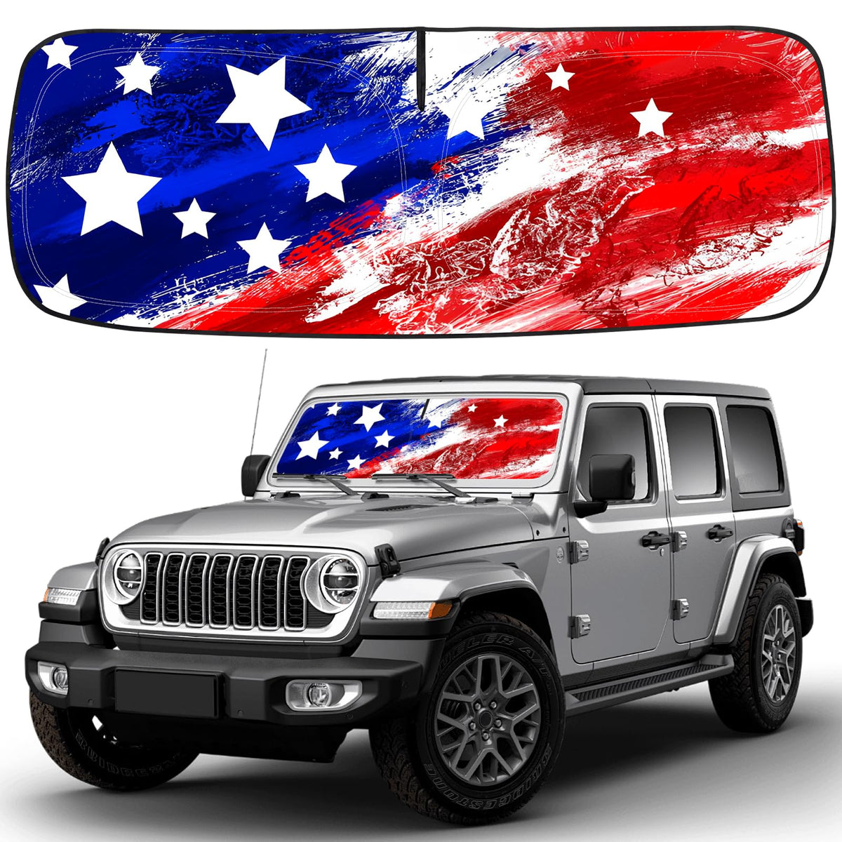 CIMIAUTO American flag sunshade front view showing full windshield coverage and cooling benefit