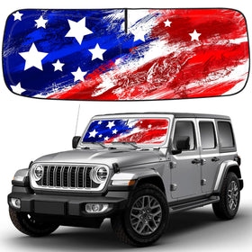 CIMIAUTO American flag sunshade front view showing full windshield coverage and cooling benefit