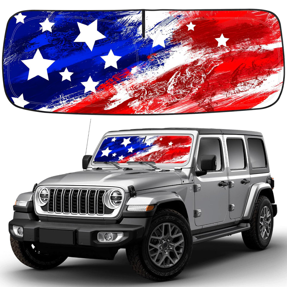 CIMIAUTO American flag sunshade front view showing full windshield coverage and cooling benefit