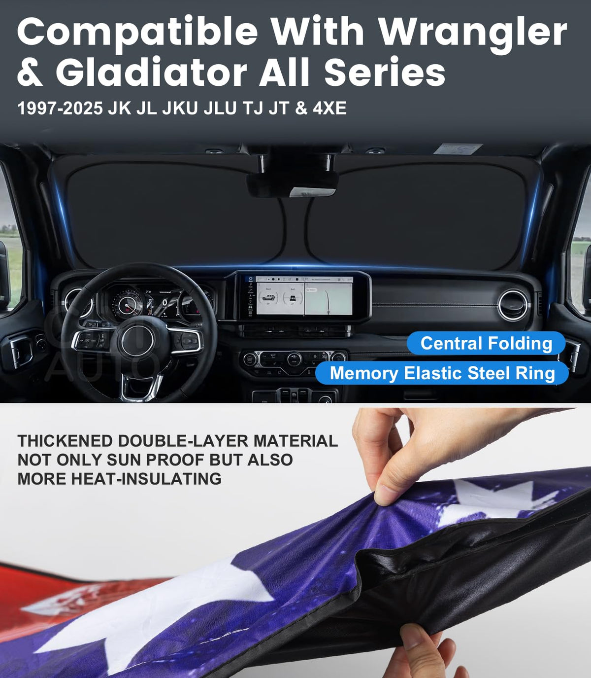 CIMIAUTO folded sunshade in pouch showing compact storage and quick portability