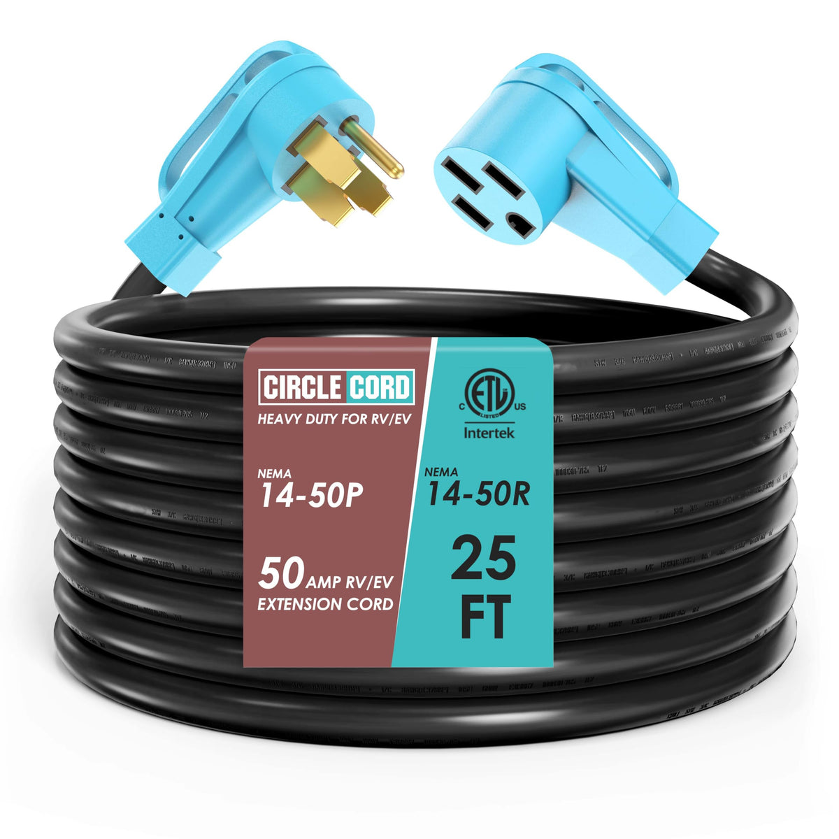 CircleCord front view showing NEMA 14-50 plug and receptacle, reliable connection benefit